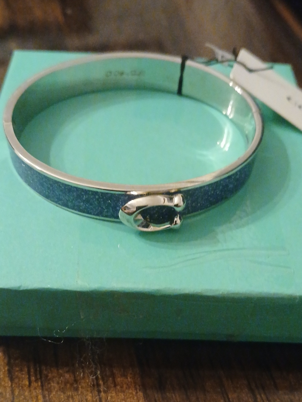 NWT COACH Signature C Logo Hinged Bangle Bracelet Sparkly Blue Enamel & Silver